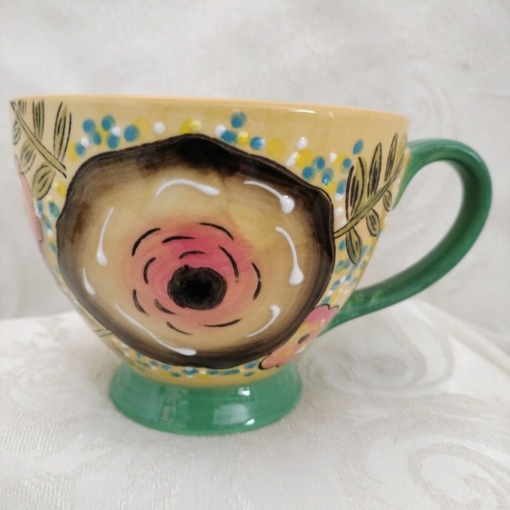 Potter Studio Paisley. Flower Footed Coffee Mug Yellow & green 18oz 3"1/2x4"1/2